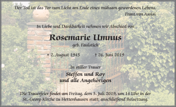 Traueranzeige von Rosemarie Umnus von FZ
