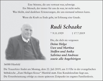 Traueranzeige von Rudi Schaake von FZ