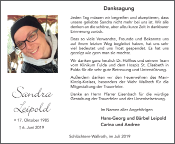 Traueranzeige von Sandra Leipold von FZ