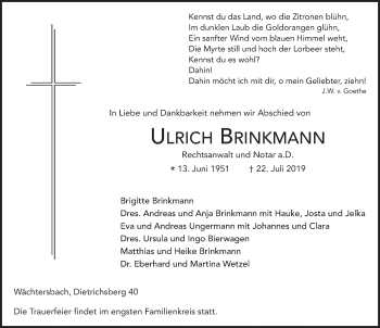 Traueranzeige von Ulrich Brinkmann von FZ