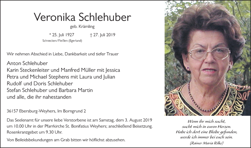  Traueranzeige für Veronika Schlehuber vom 31.07.2019 aus FZ