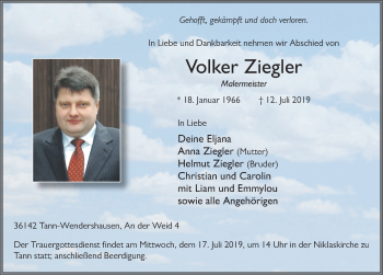 Traueranzeige von Volker Ziegler von FZ