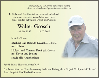 Traueranzeige von Walter Grösch von FZ