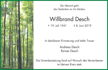 Traueranzeige von Willbrand Desch von FZ