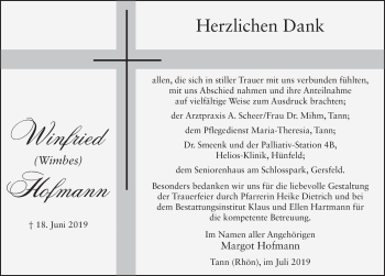 Traueranzeige von Winfried Hofmann von FZ