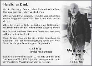 Traueranzeige von Wolfgang Sorg von FZ