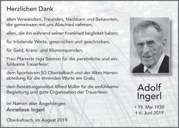 Traueranzeige von Adolf Ingerl von FZ