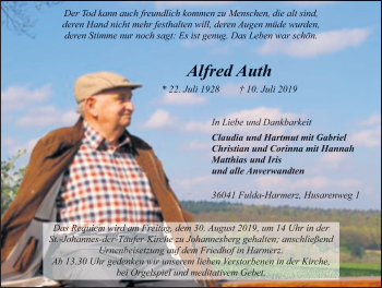 Traueranzeige von Alfred Auth von FZ