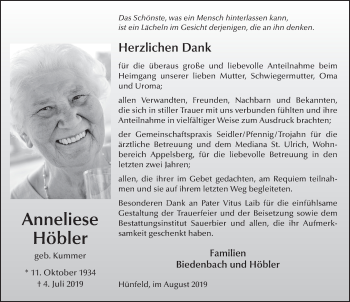 Traueranzeige von Anneliese Höbler von FZ