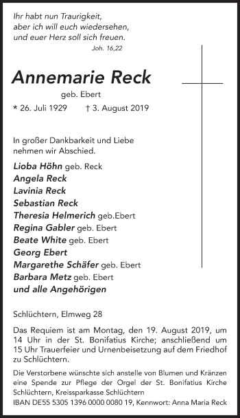Traueranzeige von Anneliese Reck von FZ