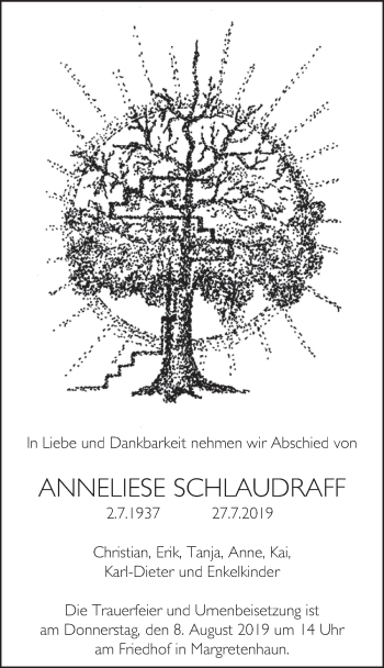 Traueranzeige von Anneliese Schlaudraff von FZ