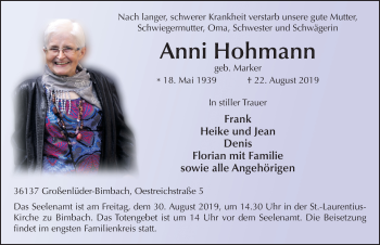 Traueranzeige von Anni Hohmann von FZ