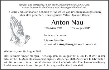 Traueranzeige von Anton Nau von FZ