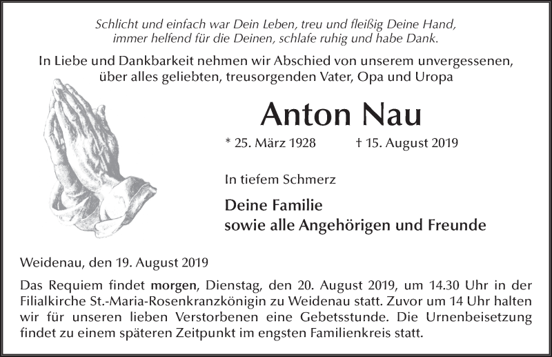  Traueranzeige für Anton Nau vom 19.08.2019 aus FZ