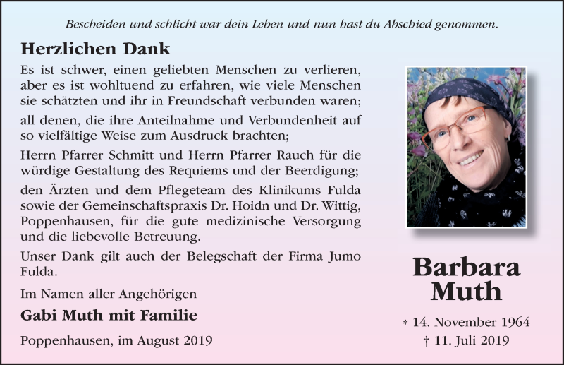  Traueranzeige für Barbara Muth vom 17.08.2019 aus FZ