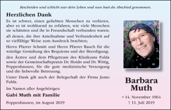 Traueranzeige von Barbara Muth von FZ