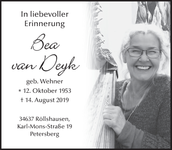 Traueranzeige von Bea van Deyk von FZ