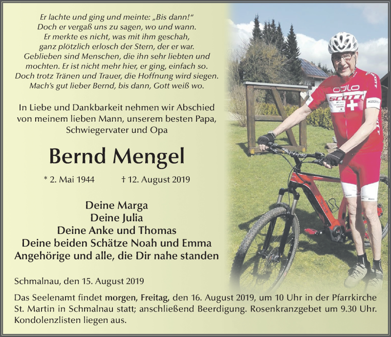 Traueranzeige für Bernd Mengel vom 15.08.2019 aus FZ