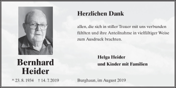 Traueranzeige von Bernhard Heider von FZ