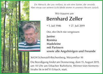 Traueranzeige von Bernhard Zeller von FZ