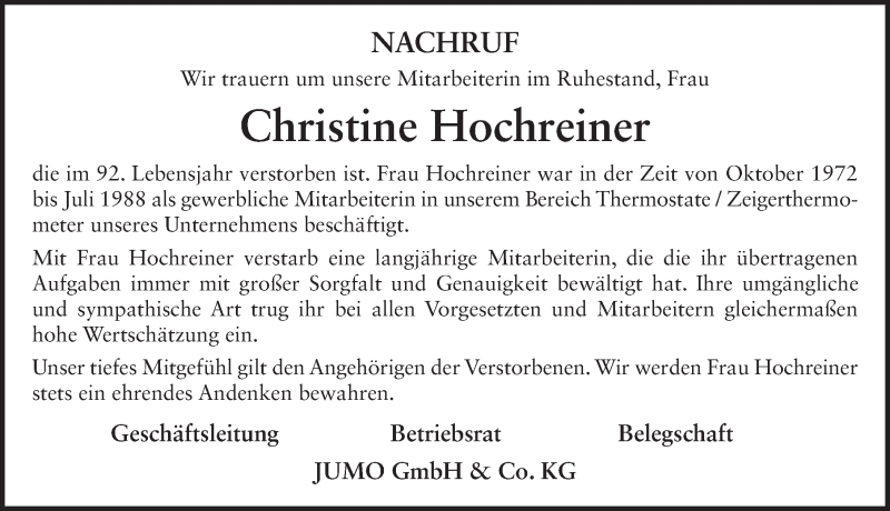  Traueranzeige für Christine Hochreiner vom 23.08.2019 aus FZ