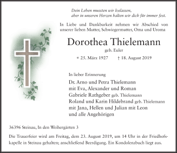Traueranzeige von Dorothea Thielemann von FZ