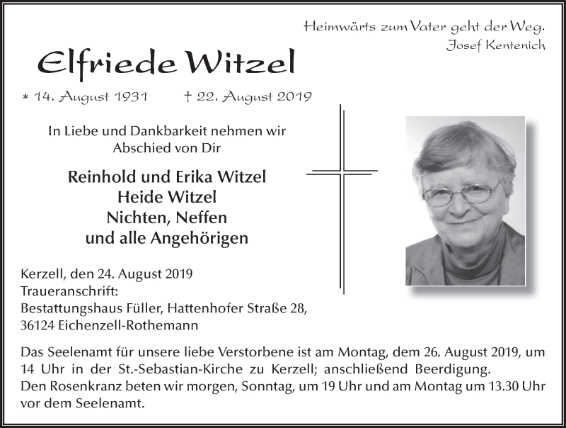  Traueranzeige für Elfriede Witzel vom 24.08.2019 aus FZ