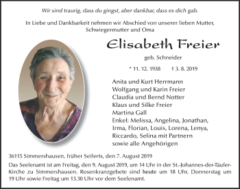Traueranzeige von Elisabeth Freier von FZ