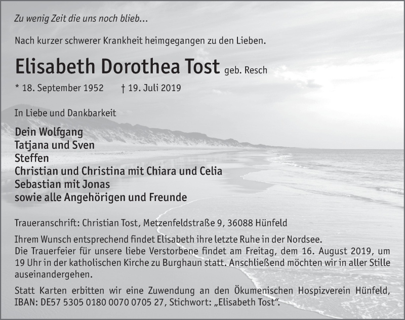  Traueranzeige für Elisabeth Dorothea Tost vom 13.08.2019 aus FZ