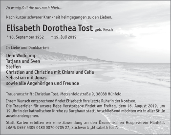 Traueranzeige von Elisabeth Dorothea Tost von FZ