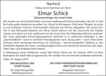 Traueranzeige von Elmar Schick von FZ