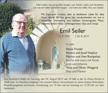 Traueranzeige von Emil Seiler von FZ