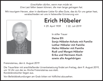 Traueranzeige von Erich Höbeler von FZ