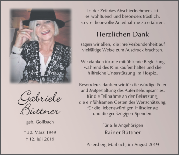 Traueranzeige von Gabriele Büttner von FZ