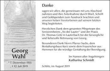 Traueranzeige von Georg Wahl von FZ