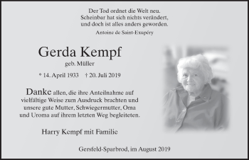 Traueranzeige von Gerda Kempf von FZ
