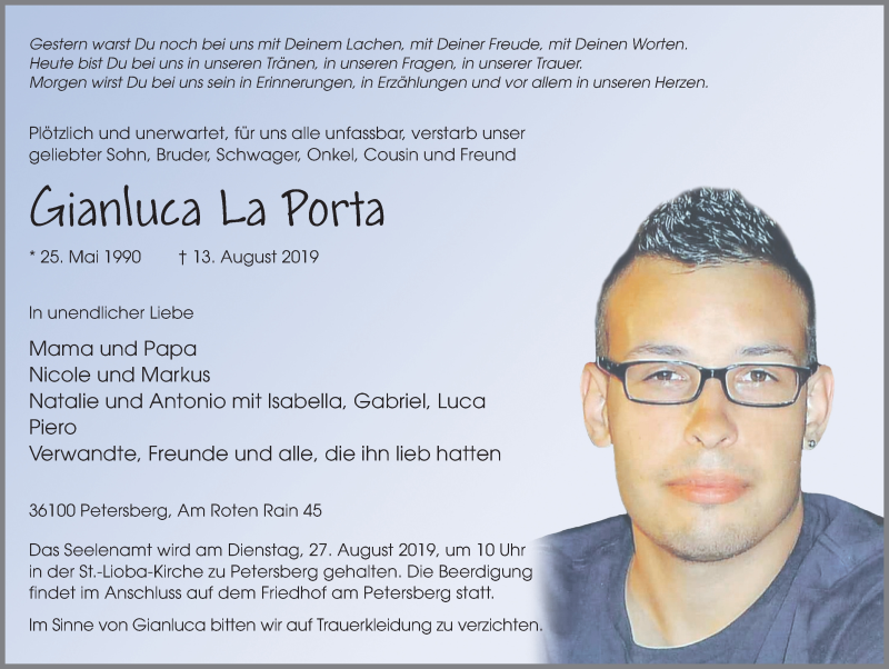  Traueranzeige für Gianluca La Porta vom 24.08.2019 aus FZ