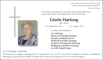 Traueranzeige von Gisela Hartung von FZ