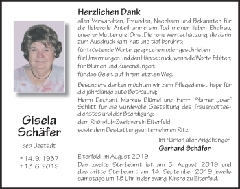 Traueranzeige von Gisela Schäfer von FZ