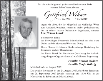 Traueranzeige von Gottfried Wehner von FZ