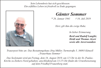 Traueranzeige von Günter Sommer von FZ