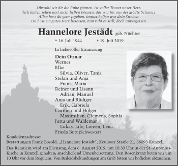 Traueranzeige von Hannelore Jestädt von FZ