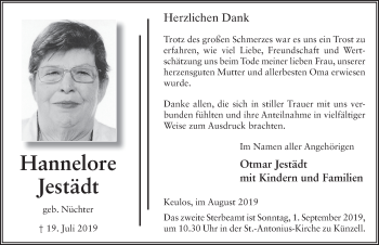 Traueranzeige von Hannelore Jestädt von FZ
