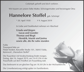 Traueranzeige von Hannelore Stoffel von FZ