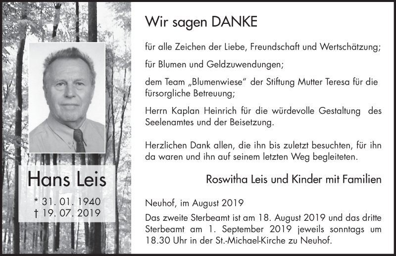  Traueranzeige für Hans Leis vom 16.08.2019 aus FZ