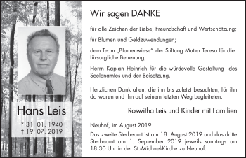 Traueranzeige von Hans Leis von FZ
