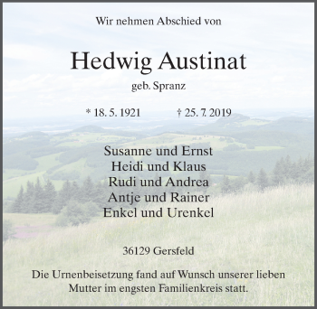 Traueranzeige von Hedwig Austinat von FZ