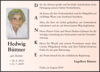 Traueranzeige von Hedwig Büttner von FZ