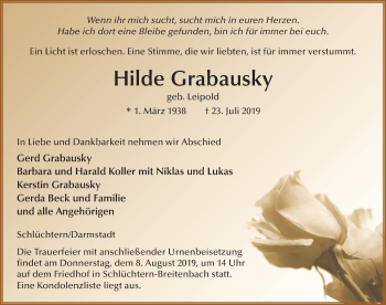 Traueranzeige von Hilde Grabausky von FZ