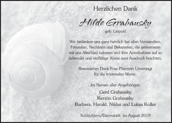 Traueranzeige von Hilde Grabausky von FZ